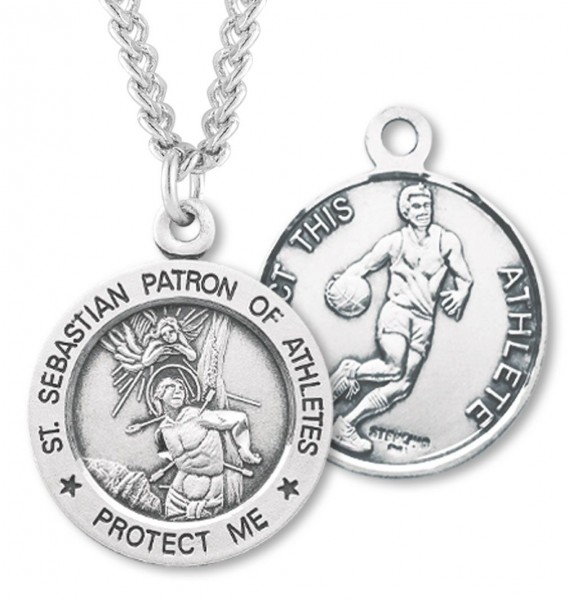 Round Boy's St. Sebastian Basketball Necklace With Chain - 24" Sterling Silver Chain + Clasp