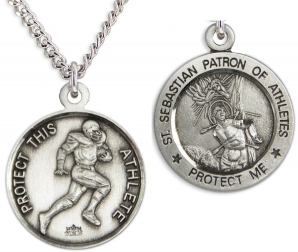 Round Men's St. Sebastian Football Necklace With Chain - 24" 3mm Stainless Steel Endless Chain