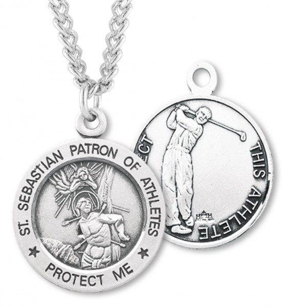 Round Men's St. Sebastian Golf Necklace With Chain - 24" Sterling Silver Chain + Clasp