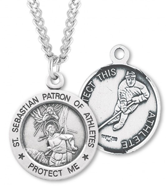 Round Men's St. Sebastian Ice Hockey Necklace With Chain - 24" Sterling Silver Chain + Clasp