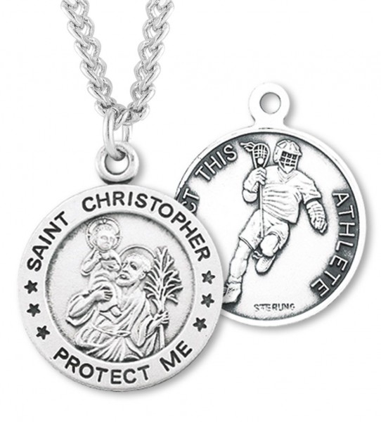 Round Boy's St. Sebastian Lacrosse Necklace With Chain - 24" Sterling Silver Chain + Clasp