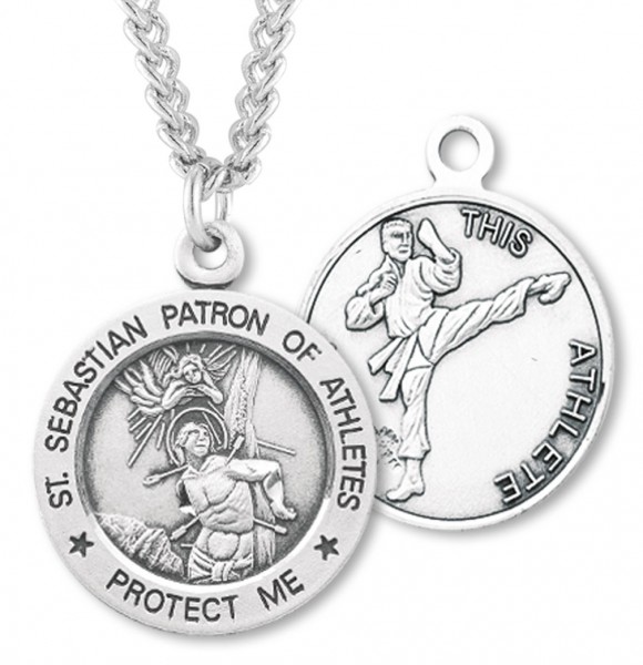 Round Boy's St. Sebastian Martial Arts Necklace With Chain - 24" 3mm Stainless Steel Endless Chain