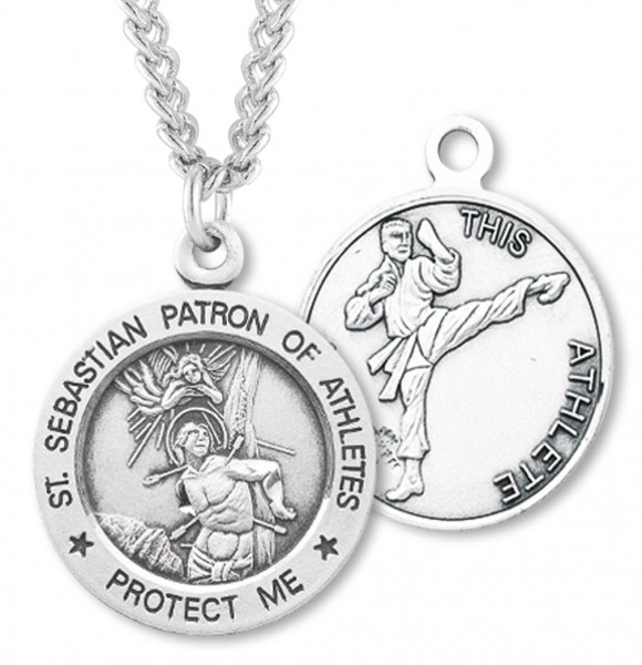 Round Boy's St. Sebastian Martial Arts Necklace With Chain - 24" Sterling Silver Chain + Clasp