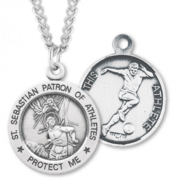 Round Men's St. Sebastian Soccer Necklace With Chain - 24" 3mm Stainless Steel Chain + Clasp