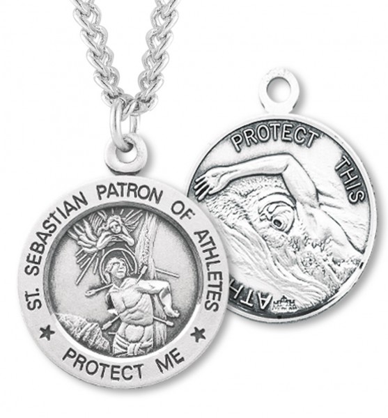 Round Men's St. Sebastian Swimming Necklace With Chain - 24" 3mm Stainless Steel Endless Chain