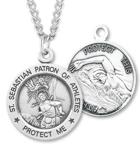 Round Men's St. Sebastian Swimming Necklace With Chain - 24" 3mm Stainless Steel Chain + Clasp