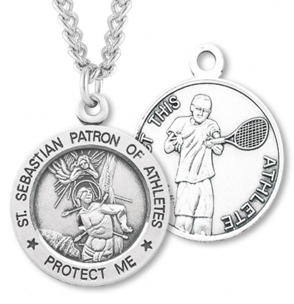 Round Men's St. Sebastian Tennis Necklace With Chain - 24" 3mm Stainless Steel Endless Chain