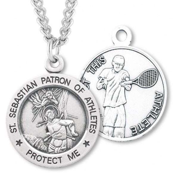 Round Men's St. Sebastian Tennis Necklace With Chain - 24" 3mm Stainless Steel Chain + Clasp