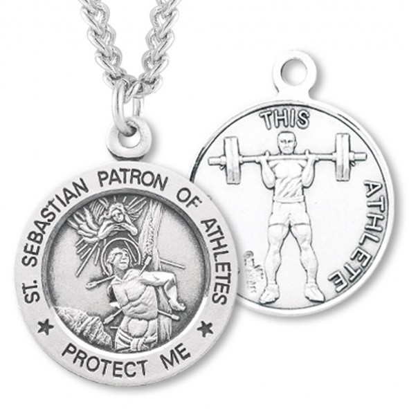 Round Boy's St. Sebastian Weight Lifting Necklace With Chain - 20" 2.2mm Stainless Steel Chain with Clasp