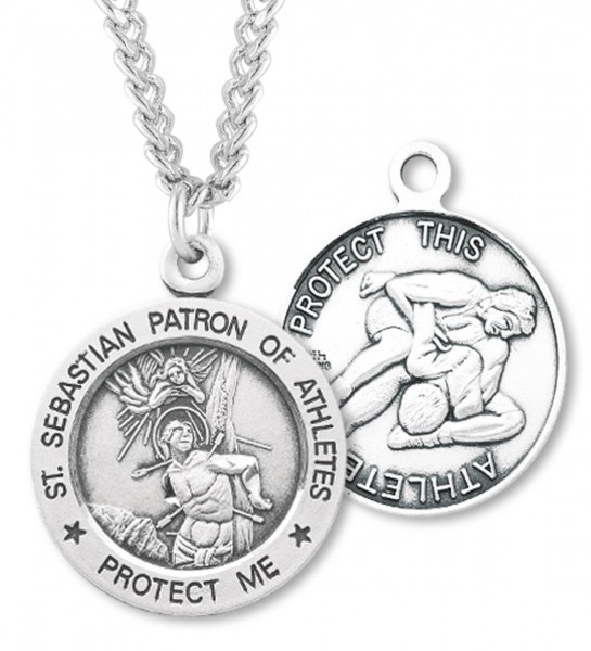 Round Men's St. Sebastian Wrestling Necklace With Chain - 24" 3mm Stainless Steel Endless Chain