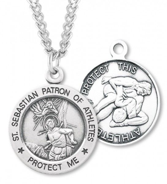 Round Men's St. Sebastian Wrestling Necklace With Chain - 24" 3mm Stainless Steel Chain + Clasp