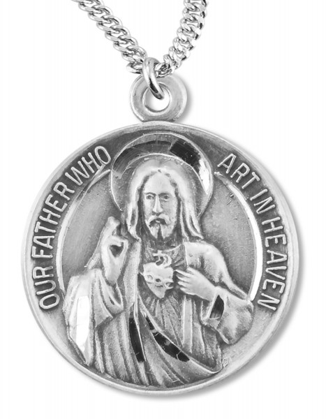 Sacred Heart of Jesus &amp; Blessed Mary Medal Sterling Silver - 24" Sterling Silver Chain + Clasp