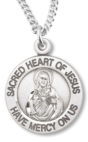 Womens Sacred Heart of Jesus Necklace Round, Sterling Silver with Chain Options - 20" 2.2mm Stainless Steel Chain with Clasp