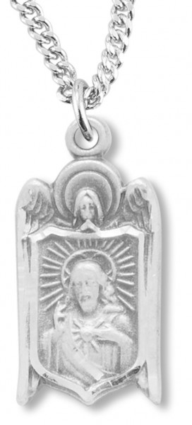 Sacred Heart of Jesus with Angel Necklace, Sterling Silver with Chain - 18" 1.8mm Sterling Silver Chain + Clasp