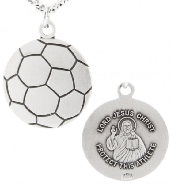 Soccer Ball Shape Necklace with Jesus Figure Back in Sterling Silver - 24" 3mm Stainless Steel Endless Chain