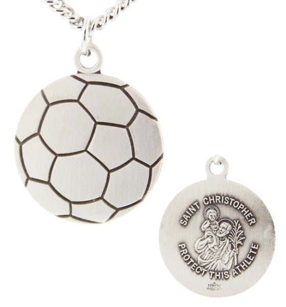 Soccer Ball Shaped Necklace with Saint Christopher Back in  Sterling Silver - 24" 3mm Stainless Steel Endless Chain
