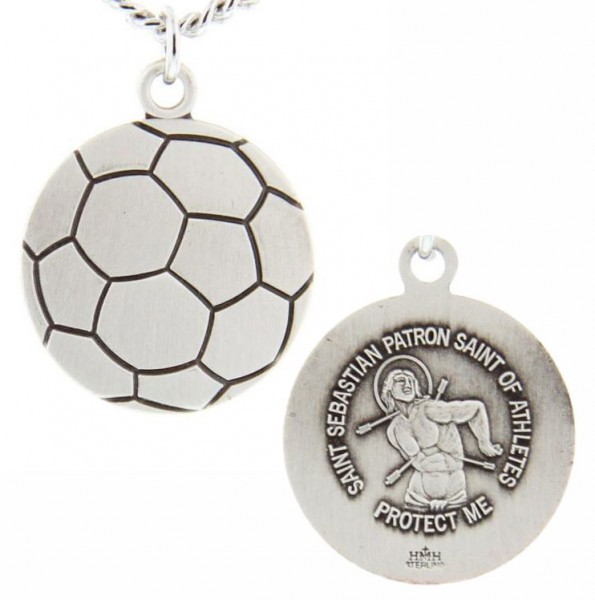 Soccer Ball Shaped Necklace with Saint Sebastian Back in  Sterling Silver - 20" 2.2mm Stainless Steel Chain with Clasp