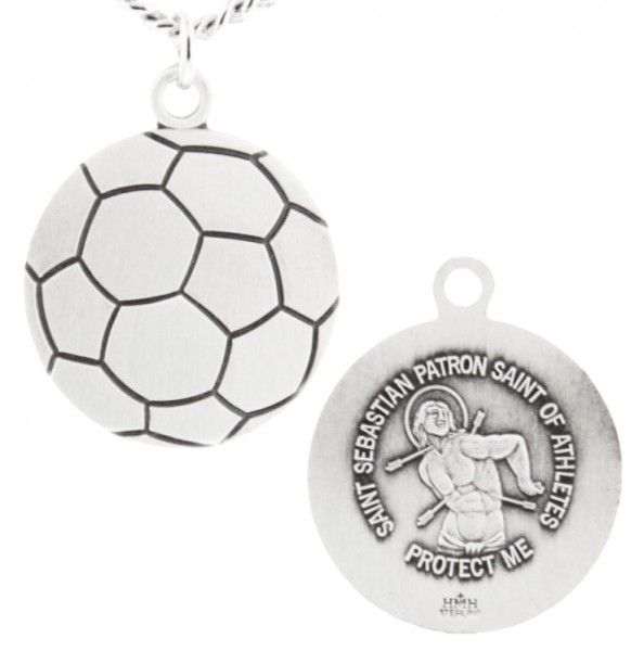 Soccer Ball Shaped Necklace with Saint Sebastian Back in  Sterling Silver - 24" Sterling Silver Chain + Clasp
