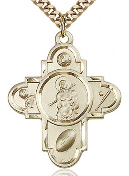 Sports 5 Way Cross St Sebastian Medal, Gold Filled - 24" 2.4mm Gold Plated Chain + Clasp
