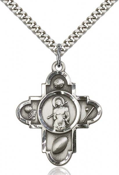 Sports 5 Way Cross St Sebastian Medal, Sterling Silver - 24" 2.2mm Sterling Silver Chain + Clasp