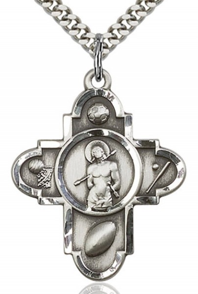 Sports 5 Way Cross St Sebastian Medal, Sterling Silver - 24" 2.4mm Rhodium Plate Chain + Clasp