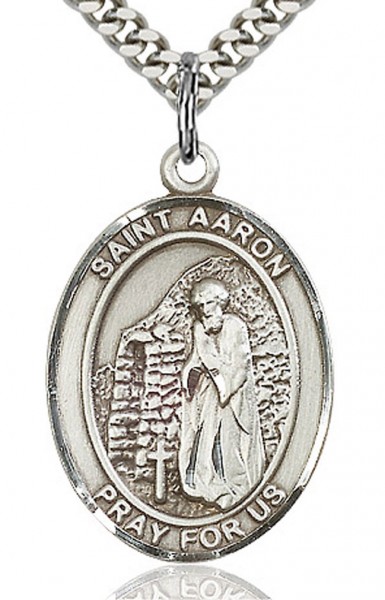 St. Aaron Medal, Sterling Silver, Large - 24" 2.4mm Rhodium Plate Chain + Clasp