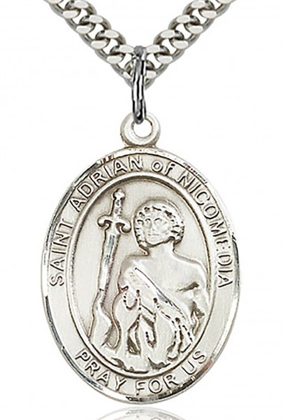 St. Adrian of Nicomedia Medal, Sterling Silver, Large - 24" 2.4mm Rhodium Plate Endless Chain