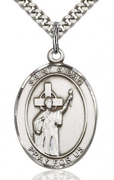 St. Aidan of Lindesfarne Medal, Sterling Silver, Large - 24" 2.4mm Rhodium Plate Endless Chain