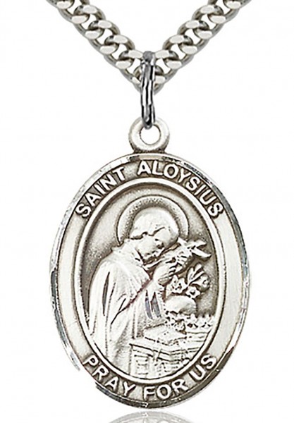 St. Aloysius Gonzaga Medal, Sterling Silver, Large - 24" 2.4mm Rhodium Plate Endless Chain