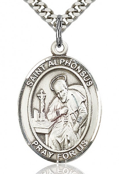 St. Alphonsus Medal, Sterling Silver, Large - 24" 2.4mm Rhodium Plate Endless Chain