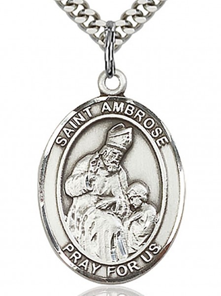 St. Ambrose Medal, Sterling Silver, Large - 24" Sterling Silver Chain + Clasp