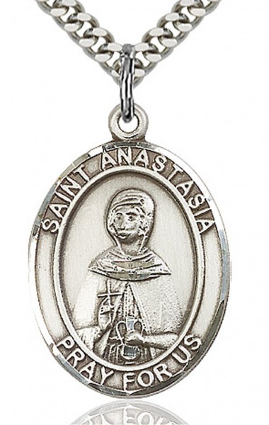 St. Anastasia Medal, Sterling Silver, Large - 24" 2.4mm Rhodium Plate Chain + Clasp
