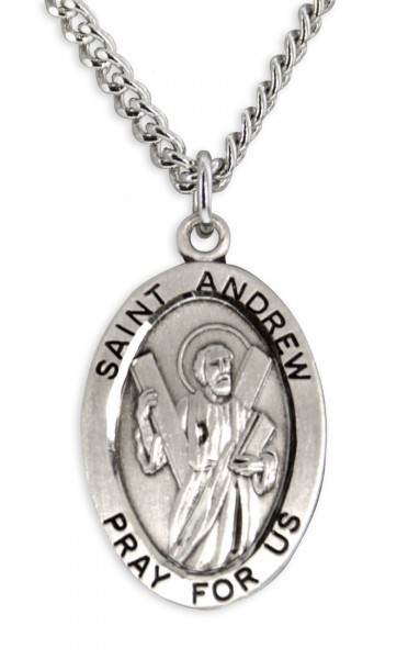 Boy's St. Andrew Necklace Oval Sterling Silver with Chain - 20" 2.2mm Stainless Steel Chain with Clasp