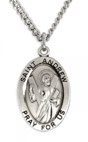 Men's Saint Andrew Sterling Silver Oval Necklace with Chain Options - 20" 2.2mm Stainless Steel Chain with Clasp