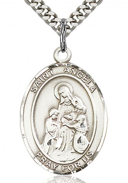 St. Angela Merici Medal, Sterling Silver, Large - 24" 2.4mm Rhodium Plate Chain + Clasp