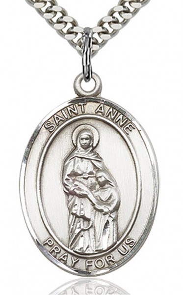 St. Anne Medal, Sterling Silver, Large - 24" 2.4mm Rhodium Plate Chain + Clasp