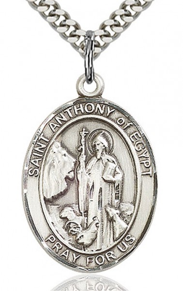 St. Anthony of Egypt Medal, Sterling Silver, Large - 24" 2.4mm Rhodium Plate Chain + Clasp