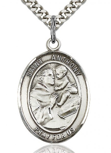 St. Anthony of Padua Medal, Sterling Silver, Large - 24" 2.4mm Rhodium Plate Endless Chain