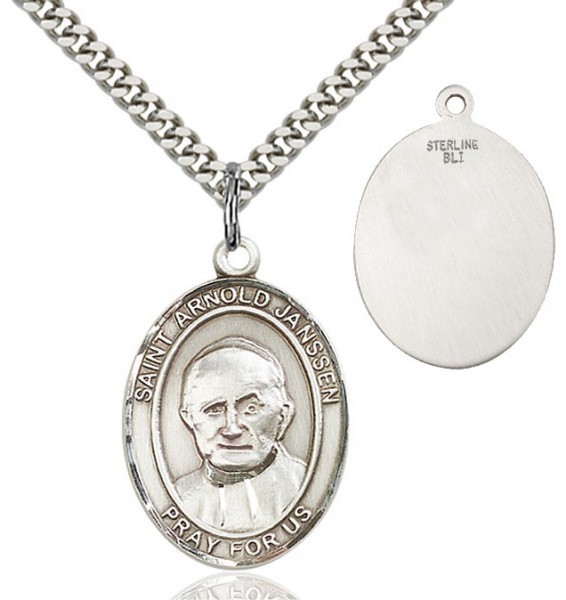 St. Arnold Janssen Medal, Sterling Silver, Large - 24" 2.4mm Rhodium Plate Endless Chain