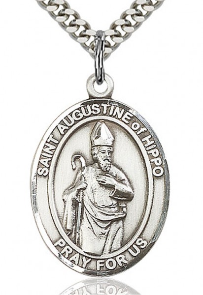 St. Augustine of Hippo Medal, Sterling Silver, Large - 24" 2.4mm Rhodium Plate Endless Chain