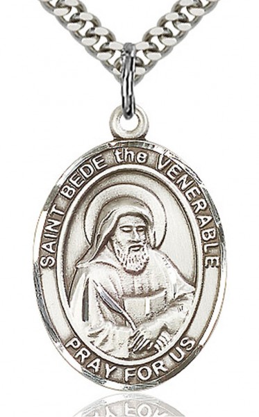 St. Bede the Venerable Medal, Sterling Silver, Large - 24" Sterling Silver Chain + Clasp