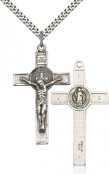 St. Benedict Crucifix Pendant, Sterling Silver - 24" 2.2mm Sterling Silver Chain + Clasp