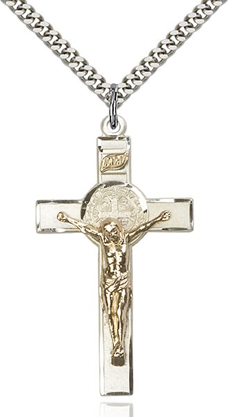 St. Benedict Crucifix Pendant, Two-Tone - 24" 2.2mm Sterling Silver Chain + Clasp