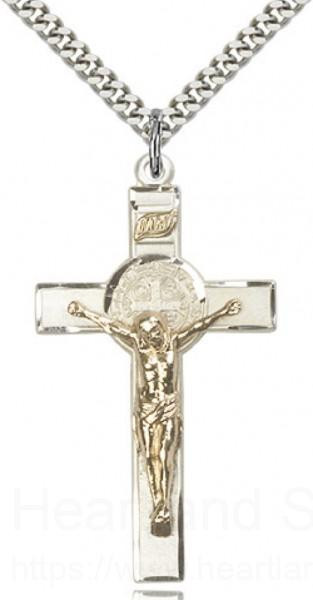 St. Benedict Crucifix Pendant, Two-Tone - 30" 2.4mm Rhodium Plated Endless Chain