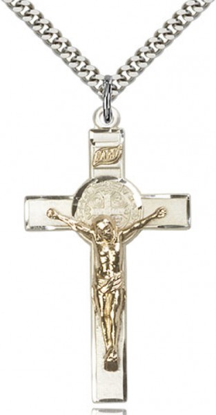 St. Benedict Crucifix Pendant, Two-Tone - 24" 2.4mm Rhodium Plate Chain + Clasp