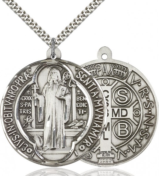 St. Benedict Medal, Sterling Silver - 24" 2.2mm Sterling Silver Chain + Clasp