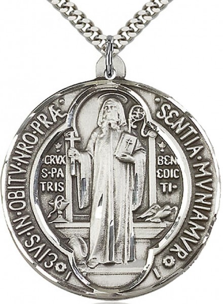 St. Benedict Medal, Sterling Silver - 24" 2.4mm Rhodium Plate Endless Chain