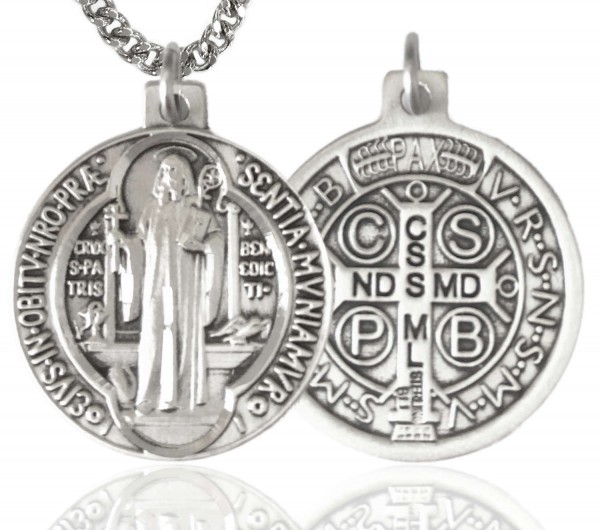 St. Benedict Medal, Sterling Silver - 24" 2.4mm Rhodium Plate Chain + Clasp