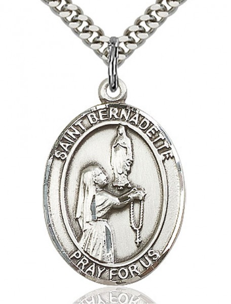 St. Bernadette Medal, Sterling Silver, Large - 24" 2.4mm Rhodium Plate Endless Chain