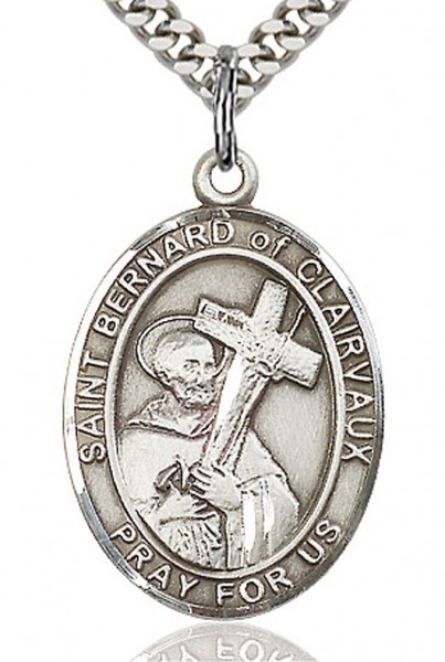 St. Bernard of Clairvaux Medal, Sterling Silver, Large - 24" Sterling Silver Chain + Clasp